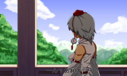 Rule 34 | 1girl, arm garter, bare shoulders, breasts, detached sleeves, grey hair, hat, inubashiri momiji, looking away, mimuni362, pom pom (clothes), short hair, small breasts, solo, tokin hat, touhou, translated