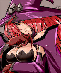 Rule 34 | 1girl, bare shoulders, black sclera, blazblue, blazblue: central fiction, breasts, cleavage, colored sclera, dated, elbow gloves, gloves, grey background, hair over one eye, hat, konoe a. mercury, light smile, looking at viewer, red hair, simple background, solo, urujika, witch hat