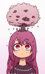 Rule 34 | 1girl, black sweater, cherry blossoms, closed mouth, gradient background, highres, long hair, mini person, original, petals, pink background, plant on head, red eyes, solo focus, striped clothes, striped sweater, sweater, takurada, tree, upper body, wide-eyed