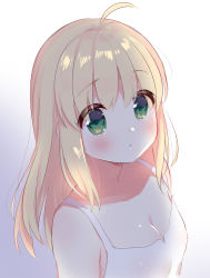 Rule 34 | 1girl, ahoge, aizawa85, alternate costume, artoria pendragon (all), artoria pendragon (fate), blonde hair, blush, breasts, camisole, cleavage, fate/stay night, fate (series), gradient background, green eyes, grey background, hair between eyes, highres, long hair, looking away, parted lips, saber (fate), small breasts, solo, upper body, white background, white camisole