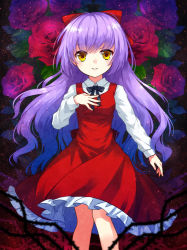 Rule 34 | 1girl, arm at side, black ribbon, bow, breasts, dress, ellen (majo no ie), flower, frilled dress, frills, hair bow, hand on own chest, hand up, leaf, legs together, long hair, long sleeves, looking at viewer, majo no ie, noma (kifyz23), purple hair, red bow, red dress, red flower, red rose, ribbon, rose, small breasts, smile, solo, thorns, very long hair, yellow eyes