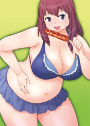 Rule 34 | 1girl, artist request, belly, bikini, blue bikini, blush, breasts, cleavage, eating, fat, green background, large breasts, long hair, looking at viewer, open mouth, original, plump, solo, swimsuit