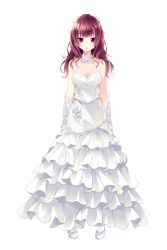 Rule 34 | 1girl, bare shoulders, breasts, brown hair, cleavage, dress, elbow gloves, full body, gloves, golden marriage, hayakawa harui, highres, ichijouji toko, long hair, looking at viewer, medium breasts, official art, open mouth, purple eyes, sleeveless, standing, transparent background, wedding dress, white dress, white legwear