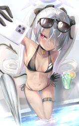 Rule 34 | 1girl, absurdres, arm support, arm up, bendy straw, bikini, black-framed eyewear, black bikini, black bow, black gloves, blue archive, bow, breasts, cellphone, closed mouth, collarbone, colored eyelashes, commentary request, cup, demon tail, drinking glass, drinking straw, eyewear on head, gloves, grey hair, hair bow, hair over one eye, highres, holding, holding phone, ice, ice cube, iori (blue archive), iori (swimsuit) (blue archive), long hair, multi-strapped bikini bottom, natuna natu, navel, official alternate costume, phone, pointy ears, pool, poolside, purple eyes, selfie, side-tie bikini bottom, sideboob, sitting, small breasts, soaking feet, solo, stomach, sunglasses, swimsuit, tail, thigh strap, twintails, underboob, very long hair, water, wavy mouth