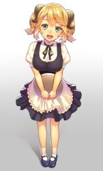 Rule 34 | 1girl, :d, aletta, apron, black dress, black footwear, black ribbon, blonde hair, breasts, demon horns, dress, frilled apron, frills, from above, full body, gradient background, green eyes, grey background, head tilt, holding, holding tray, horns, isekai shokudou, kibanda gohan, large breasts, looking up, mary janes, multicolored background, neck ribbon, open mouth, puffy short sleeves, puffy sleeves, ribbon, round teeth, shadow, shoes, short hair, short sleeves, sleeveless, sleeveless dress, smile, socks, solo, standing, teeth, tray, twintails, two-tone background, uniform, upper teeth only, v arms, waist apron, waitress, white apron, white background