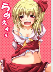 Rule 34 | 1girl, blonde hair, blush, breasts, cleavage, collarbone, fang, female focus, flandre scarlet, hair ribbon, highres, navel, neats, off shoulder, open mouth, polka dot, polka dot background, puffy sleeves, red background, red eyes, ribbon, short hair, side ponytail, skirt, solo, strap slip, touhou, translation request, untied
