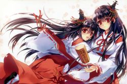 Rule 34 | 10s, 2girls, :d, absurdres, adapted costume, beige background, black hair, blush, carnelian, case, detached sleeves, fusou (kancolle), hair between eyes, hakama, hakama skirt, headgear, highres, hug, japanese clothes, kantai collection, kimono, long hair, long sleeves, looking at viewer, multiple girls, nontraditional miko, open mouth, petals, red eyes, red hakama, red ribbon, ribbon, ribbon-trimmed sleeves, ribbon trim, sandals, scan, simple background, skirt, smile, tabi, very long hair, wide sleeves, wood, yamashiro (kancolle)