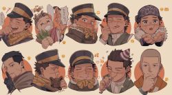 Rule 34 | 3boys, ^ ^, aged down, ainu clothes, alternate costume, bear, blue jacket, blush, brown eyes, brown hair, buttons, chibi, closed eyes, collared jacket, emoji, expressions, facial scar, finger to mouth, golden kamuy, hand on own chin, hat, headband, highres, imperial japanese army, jacket, kepi, long sideburns, long sleeves, male focus, military, military hat, military uniform, multiple boys, ogata hyakunosuke, party hat, party whistle, plant, scar, scar on cheek, scar on face, scar on mouth, scar on nose, scarf, shiraishi yoshitake, short hair, shushing, sideburns, simple background, smile, spiked hair, stroking own chin, sugimoto saichi, tonta (tonta1231), uniform, x x, yellow scarf