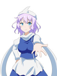 Rule 34 | 1girl, apron, blue eyes, blue skirt, blue vest, breasts, cato (monocatienus), commentary request, foreshortening, hand on own hip, hat, impossible clothes, impossible vest, juliet sleeves, large breasts, letty whiterock, light purple hair, long sleeves, looking at viewer, open hand, outstretched hand, puffy sleeves, reaching, reaching towards viewer, scarf, shirt, short hair, simple background, skirt, smile, solo, standing, touhou, upper body, vest, waist apron, white background, white hat, white scarf, white shirt