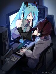 Rule 34 | 1boy, 1girl, absurdres, aqua eyes, aqua hair, aqua nails, aqua necktie, bare shoulders, black sleeves, brown hair, chair, collarbone, commentary, computer, dated, detached sleeves, figure, from behind, grey hoodie, grey shirt, hair ornament, hands on another&#039;s face, hatsune miku, headphones, headset, highres, hood, hoodie, indoors, instrument, instrument case, keyboard (instrument), long hair, looking at another, master (vocaloid), miku day, mikuni144, monitor, nail polish, necktie, notepad, shirt, sleeveless, sleeveless shirt, smile, speaker, through medium, through screen, twintails, upper body, very long hair, vocaloid