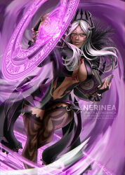 Rule 34 | 1girl, aversa (fire emblem), book, breasts, cleavage, dark skin, feathers, fire emblem, fire emblem awakening, highres, holding, holding book, large breasts, looking at viewer, magic, nerineaart, nintendo, solo, tagme, thighhighs, watermark, white hair, wide hips
