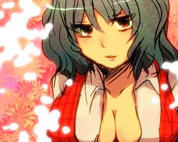 Rule 34 | 1girl, aoi (annbi), breasts, cleavage, female focus, flower, green hair, kazami yuuka, large breasts, lowres, plant, red eyes, short hair, solo, touhou, upper body
