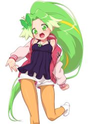 Rule 34 | 1girl, :d, ankle boots, black shirt, boots, butterfly hair ornament, camisole, clenched hand, commentary, green eyes, green hair, hair ornament, head tilt, jacket, jewelpet (series), jewelpet sunshine, jewelry, letterman jacket, long hair, looking at viewer, multicolored hair, multiple tails, necklace, off shoulder, open clothes, open jacket, open mouth, orange pantyhose, pantyhose, parted bangs, peridot (jewelpet), peridot (stone), pink jacket, senzoc, shirt, short shorts, shorts, simple background, smile, solo, standing, streaked hair, tail, very long hair, white background, white footwear, white shorts