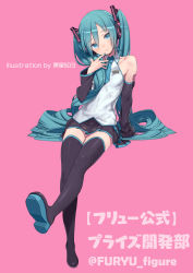 Rule 34 | 1girl, absurdres, aqua eyes, aqua hair, aqua nails, aqua necktie, artist name, black sleeves, boots, breasts, collarbone, collared shirt, detached sleeves, eyelashes, full body, hair between eyes, hair ornament, hatsune miku, head tilt, headset, highres, invisible chair, knees together feet apart, kuroboshi kouhaku, long hair, looking at viewer, nail polish, necktie, pink background, pleated skirt, shiny clothes, shirt, sidelocks, simple background, sitting, skirt, sleeveless, small breasts, smile, solo, thigh boots, thighhighs, translated, twintails, very long hair, vocaloid, white shirt, zettai ryouiki