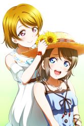 Rule 34 | 2girls, :d, adjusting clothes, adjusting headwear, anchor symbol, anibache, belt, blue eyes, blush, brown hair, closed mouth, dress, flower, gradient background, green background, hat, in-franchise crossover, jewelry, koizumi hanayo, love live!, love live! school idol festival, love live! school idol project, love live! sunshine!!, multiple girls, necklace, open mouth, purple eyes, short hair, sitting, smile, standing, straw hat, sunflower, watanabe you, white dress
