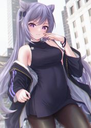 Rule 34 | 1girl, bae.c, bare shoulders, black dress, black jacket, black pantyhose, blurry, blurry background, breasts, building, closed mouth, commentary request, cone hair bun, covered navel, day, depth of field, dress, genshin impact, gluteal fold, hair bun, hand up, highres, jacket, keqing (genshin impact), long hair, looking at viewer, medium breasts, nail polish, off shoulder, open clothes, open jacket, outdoors, pantyhose, purple eyes, purple hair, purple nails, short dress, skyscraper, sleeveless, sleeveless dress, smile, solo, turtleneck, turtleneck dress, very long hair