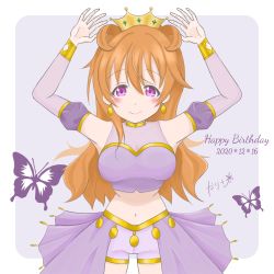 Rule 34 | 1girl, 2020, absurdres, arm warmers, artist name, artist request, blush, bracelet, breasts, brown hair, bug, butterfly, butterfly (love live!), choker, cleavage, clothing cutout, collarbone, cropped shirt, crown, detached sleeves, double bun, dress, dress shirt, earrings, female focus, gold bracelet, hair between eyes, hair bun, hair rings, hands up, harem outfit, highres, insect, jewelry, konoe kanata, long hair, looking at viewer, love live!, love live! nijigasaki high school idol club, love live! school idol festival, medium breasts, navel, parted lips, puffy short sleeves, puffy sleeves, purple butterfly, purple eyes, purple shirt, purple shorts, purple sleeves, shirt, short sleeves, shorts, shoulder cutout, smile, solo, two side up, yellow bracelet, yellow choker