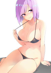 Rule 34 | 1girl, alternate costume, arm at side, arm support, bare legs, bare shoulders, barefoot, bikini, bikini pull, black bikini, blush, breast rest, breasts, cleavage, closed mouth, clothes pull, collarbone, commentary request, expressionless, eyelashes, eyes visible through hair, fate/grand order, fate (series), groin, halterneck, highres, large breasts, looking away, looking to the side, lowleg, lowleg bikini, mash kyrielight, navel, pulling own clothes, purple eyes, purple hair, short hair, sideboob, simple background, sitting, smile, solo, stomach, strap gap, strap pull, swimsuit, underboob, water, white background, xiaodi, yokozuwari
