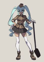 Rule 34 | 1girl, ankle boots, bad id, bad twitter id, black skirt, blue eyes, blue hair, boots, brown footwear, brown jacket, closed mouth, commentary request, contrapposto, copyright request, full body, grey background, hand on own hip, hat, highres, jacket, long hair, looking at viewer, military, military uniform, pleated skirt, samei ikusa, shovel, simple background, skirt, solo, standing, thighhighs, uniform, very long hair, white thighhighs, wing collar, worktool