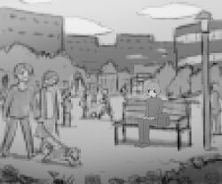 Rule 34 | 1boy, absurdres, avogado6, briefcase, building, cloud, commentary request, day, dog, expressionless, gakuran, greyscale, hands on lap, highres, lamppost, long sleeves, monochrome, no mouth, on bench, original, outdoors, pants, park, people, pet walking, school briefcase, school uniform, shoes, short hair, sitting, solo focus, wide shot