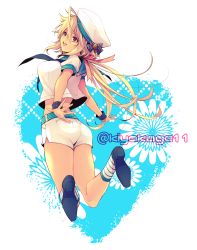 Rule 34 | 1girl, ahoge, ass, blonde hair, blue sailor collar, from behind, hair ribbon, hat, highres, jumping, kiyokage, original, outstretched arms, polka dot, polka dot ribbon, red eyes, ribbon, sailor collar, shorts, smile, solo, tan, wrist cuffs