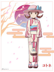 Rule 34 | 1girl, absurdres, bag, blue bow, bow, brown eyes, brown hair, character name, closed mouth, commentary, creatures (company), floral print, framed, full body, game freak, hat, hat bow, highres, holding, holding bag, japanese clothes, kimono, long hair, lyra (pokemon), lyra (summer 2020) (pokemon), mr.thunderigor, nintendo, official alternate costume, pink hat, pink socks, pokemon, pokemon masters ex, sandals, sash, smile, socks, solo, standing, twintails, yellow kimono