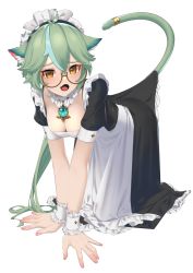 Rule 34 | 1girl, :o, all fours, alternate costume, animal ears, apron, blush, breasts, brown eyes, cat ears, cat girl, cat tail, cleavage, collarbone, commentary request, enmaided, genshin impact, glasses, green hair, hair between eyes, head tilt, highres, long hair, long skirt, looking at viewer, maid, maid apron, maid headdress, meda, multicolored hair, scrunchie, semi-rimless eyewear, short sleeves, sidelocks, simple background, skirt, solo, streaked hair, sucrose (genshin impact), tail, tail ornament, tail raised, two-tone hair, v arms, vision (genshin impact), white background, wrist scrunchie