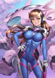 Rule 34 | 1girl, bodysuit, breasts, brown hair, d.va (overwatch), day, facial mark, gun, hand on own hip, handgun, hayate (leaf98k), large breasts, looking at viewer, mecha, meka (overwatch), overwatch, overwatch 1, parted lips, pilot suit, robot, smile, solo, sparkle, thigh gap, weapon, whisker markings