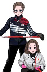 Rule 34 | 2022 winter olympics, 2girls, animification, betti (xx betti), black gloves, black jacket, black pants, brown eyes, brown hair, character request, forehead, frown, glasses, gloves, hair behind ear, highres, holding, jacket, japanese flag, leaning forward, looking at viewer, multiple girls, olympics, pants, photo-referenced, real life, south korean flag, white jacket
