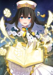 Rule 34 | 1girl, absurdres, black hair, blue eyes, book, commentary request, dress, facing viewer, frilled dress, frills, go-1, hat, highres, holding, holding book, idolmaster, idolmaster cinderella girls, long hair, neck ribbon, open book, open mouth, ribbon, sagisawa fumika, smile, solo, teeth, upper body, upper teeth only, white hat, yellow ribbon