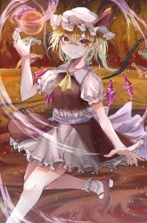 Rule 34 | 1girl, blonde hair, closed mouth, crystal, fang, flandre scarlet, hair between eyes, hat, hat ribbon, hegata (hegatia lapis), high heels, highres, light particles, looking at viewer, mob cap, one side up, pointy ears, red eyes, red footwear, red ribbon, red skirt, red vest, ribbon, skin fang, skirt, smile, socks, solo, touhou, vest, white hat, white socks, wings
