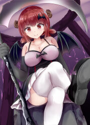 Rule 34 | 1girl, absurdres, alternate costume, arm at side, bare shoulders, bat hair ornament, black dress, black footwear, black gloves, blush, breasts, c:, cleavage, closed mouth, collarbone, commentary, crossed legs, curled horns, curvy, demon girl, demon horns, dress, dutch angle, elbow gloves, foot out of frame, foreshortening, frilled dress, frills, furrowed brow, gabriel dropout, gloves, hair between eyes, hair ornament, hand up, highres, holding, holding scythe, horns, izuminomitsuba, large breasts, looking at viewer, low twintails, medium hair, red eyes, red hair, satanichia kurumizawa mcdowell, scythe, short dress, sitting, sleeveless, sleeveless dress, smile, smug, solo, thighhighs, thighs, torii, twintails, white thighhighs