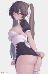 Rule 34 | 1girl, :o, alternate costume, apron, artist name, ass, black skirt, blush, breasts, bridal garter, brown hair, earrings, embarrassed, enmaided, frills, from behind, genshin impact, green eyes, high-waist skirt, highres, jewelry, large breasts, leaning forward, long hair, looking at viewer, looking back, maid, mona (genshin impact), no panties, paid reward available, parted lips, puffy short sleeves, puffy sleeves, shellvi, short sleeves, sideboob, simple background, skirt, solo, twintails, very long hair, waist apron, white apron, white background, wrist cuffs