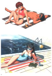 Rule 34 | 1990s (style), 1boy, 2girls, ball, banana, barefoot, beach towel, beer can, black hair, blue-tinted eyewear, blue-tinted glasses, blue one-piece swimsuit, book, breasts, brown hair, can, cleavage, closed eyes, drink can, feet out of frame, food, fruit, hand on own leg, highres, izumi noa, kanuka clancy, kidou keisatsu patlabor, knee up, long hair, looking at viewer, lying, multiple girls, official art, on back, on side, one-piece swimsuit, open book, pool, retro artstyle, shinohara asuma, short hair, sitting, smile, strapless, strapless one-piece swimsuit, sunglasses, swimsuit, tinted eyewear, towel, volleyball, volleyball (object), water
