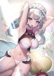 Rule 34 | 1girl, armpits, arms up, babydoll, bikini, blush, bow, bowtie, breasts, cleavage, dutch angle, elf, flower, high heels, highres, hitowa, indoors, large breasts, long hair, looking at viewer, maid, maid bikini, maid headdress, mole, mole under eye, mouth hold, navel, original, pointy ears, purple eyes, purple ribbon, red bow, red bowtie, red footwear, ribbon, rose, skindentation, solo, sparkle, sunlight, swimsuit, thigh strap, thighs, twintails, unconventional maid, white bikini, white hair