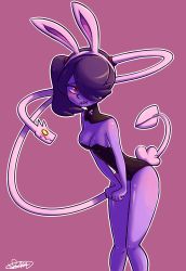 Rule 34 | 1girl, animal ears, blush, breasts, cleavage, fake animal ears, hair over one eye, highres, leviathan (skullgirls), playboy bunny, rabbit ears, red eyes, side ponytail, skull, skullgirls, squigly (skullgirls), stitched mouth, stitches, zombie