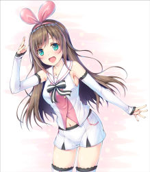 Rule 34 | 1girl, :d, bare shoulders, black bow, blush, bow, breasts, brown hair, commentary request, detached sleeves, green eyes, hair ribbon, hairband, highres, kizuna ai, kizuna ai inc., lace, lace-trimmed legwear, lace trim, long hair, long sleeves, looking at viewer, medium breasts, multicolored hair, nakazawa aki, navel, open mouth, pink hair, pink hairband, pink ribbon, ribbon, shirt, short shorts, shorts, sleeveless, sleeveless shirt, sleeves past wrists, smile, solo, streaked hair, striped, striped bow, thighhighs, very long hair, virtual youtuber, white shirt, white shorts, white thighhighs