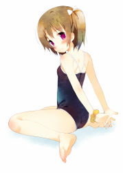 Rule 34 | 1girl, arms behind back, ass, barefoot, blush, brown hair, feet, from behind, full body, long hair, looking at viewer, looking back, meito (maze), one-piece swimsuit, original, purple eyes, scrunchie, side ponytail, sitting, smile, solo, source request, stretching, swimsuit, toes, wariza, white background