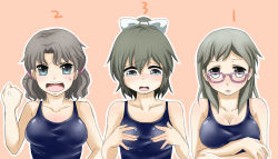Rule 34 | 3girls, anger vein, angry, blue eyes, blush, bow, breasts, brown hair, cleavage, corpse party, crossed arms, embarrassed, glasses, green hair, hair bow, kirisaki touko, light brown hair, long hair, medium breasts, multiple girls, one-piece swimsuit, open mouth, ponytail, psehkaonttaa, sad, school swimsuit, short hair, simple background, sweatdrop, swimsuit, tears, urabe emi, wavy hair, yamamoto mitsuki