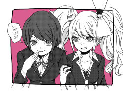 Rule 34 | 2girls, arm up, black coat, black hair, black jacket, black shirt, blonde hair, bow, breasts, cleavage, closed mouth, coat, collarbone, danganronpa: trigger happy havoc, danganronpa (series), enoshima junko, fingernails, freckles, greyscale, hair bow, hair ornament, hand on another&#039;s arm, hand to own mouth, hand up, holding another&#039;s arm, ikusaba mukuro, impersonation, jacket, japanese text, laughing, looking at another, looking at viewer, medium breasts, monochrome, multiple girls, nail polish, neck ribbon, neckwear request, open mouth, rabbit hair ornament, ribbon, shirt, siblings, sisters, smile, sweat, sweatdrop, teeth, twins, twintails, upper body