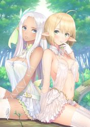 Rule 34 | 2girls, asymmetrical gloves, bare shoulders, blonde hair, blue eyes, blush, breasts, cleavage, dark-skinned female, dark elf, dark skin, day, dress, elf, gloves, green eyes, hair ornament, highres, lace, lace-trimmed legwear, lace trim, long hair, looking at viewer, medium breasts, multiple girls, original, parted lips, pointy ears, revealing clothes, short hair, sitting, smile, thighhighs, tony taka, uneven gloves, white dress, white hair