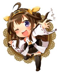 Rule 34 | &gt;;d, 10s, 1girl, ahoge, aya (421ura), boots, brown hair, chibi, detached sleeves, full body, hairband, headgear, highres, kantai collection, kongou (kancolle), nontraditional miko, one eye closed, open mouth, outstretched arms, purple eyes, ribbon-trimmed sleeves, ribbon trim, smile, solo, spread arms, thigh boots, thighhighs, translation request, v-shaped eyebrows, winged hairband, zettai ryouiki