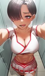 Rule 34 | 1girl, absurdres, black hair, black thighhighs, breasts, cheerleader, cleavage, collarbone, commentary request, crop top, earrings, foreshortening, hair over one eye, highres, jewelry, large breasts, licking lips, lips, locker, locker room, looking at viewer, lower teeth only, midriff, miniskirt, navel, open mouth, original, outstretched arms, pleated skirt, pov, rakuga kiya, red eyes, shirt, short hair, short sleeves, skirt, solo, standing, sweat, teeth, thighhighs, thighs, tongue, tongue out, v-neck, white shirt, white skirt