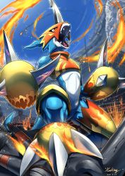 Rule 34 | blue sky, breath weapon, breathing fire, claws, commentary request, crack, dated, digimon, digimon (creature), fangs, fire, fladramon, flame print, hawe king, helmet, highres, horns, looking up, no humans, open mouth, red eyes, signature, single horn, sky, smoke, solo, standing, tail, veins