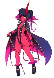 Rule 34 | 1girl, :&lt;, ankle boots, bad id, bad tumblr id, black hair, black one-piece swimsuit, black slingshot swimsuit, boots, breasts, broken horn, cameltoe, cane, cape, claws, colored skin, commentary, demon girl, demon wings, english commentary, evdokiya infernalis, full body, gradient hair, green eyes, hair bun, halloween costume, high collar, highres, horns, long hair, low wings, monster girl, multicolored hair, navel, one-piece swimsuit, original, platform footwear, purple hair, red skin, single hair bun, skull, slingshot swimsuit, slugbox, small breasts, solo, swimsuit, tail, updo, white background, wings