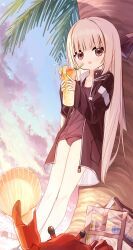 Rule 34 | 1girl, animal, bag, bendy straw, black jacket, blue sky, brown eyes, brown hair, brown one-piece swimsuit, cloud, collarbone, commentary request, crab, cup, drinking glass, drinking straw, healer girl (yuuhagi (amaretto-no-natsu)), highres, holding, holding cup, jacket, long hair, long sleeves, looking at viewer, old school swimsuit, one-piece swimsuit, open clothes, open jacket, original, outdoors, palm tree, parted lips, school swimsuit, seashell, see-through, shell, sky, sleeves past wrists, solo, sunset, swimsuit, swimsuit under clothes, tree, very long hair, wide sleeves, yuuhagi (amaretto-no-natsu)