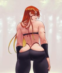 Rule 34 | 1girl, absurdres, ass, back, bare shoulders, black pants, breasts, broad shoulders, bustier, cala (artist), facepaint, forest, from behind, fuuma kotarou (tenkaichi), gradient hair, halterneck, highres, large breasts, long hair, looking at viewer, multicolored hair, muscular, muscular female, nature, orange hair, panties, pants, parted bangs, red eyes, red hair, red panties, revealing clothes, smile, smirk, solo, string panties, tenkaichi nihon saikyou bugeisha ketteisen, thighs, underwear, very long hair, whale tail (clothing), wristband