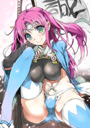 Rule 34 | 1girl, blue eyes, breasts, elbow gloves, covered erect nipples, forehead protector, gloves, headband, highres, large breasts, leg up, long hair, looking at viewer, midriff, naitou ryuu, navel, original, panties, pink hair, sitting, slippers, smile, solo, sword, thighhighs, underwear, weapon