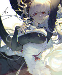 Rule 34 | 1girl, arm up, azur lane, bare shoulders, between breasts, black dress, black nails, blush, breasts, cowboy shot, dress, flight deck, floating hair, formidable (azur lane), frilled dress, frills, hair ribbon, hand up, highres, kuroduki (pieat), large breasts, long hair, long sleeves, looking at viewer, nail polish, parted lips, red eyes, ribbon, rigging, signature, solo, twintails, two-tone dress, two-tone ribbon, very long hair, white hair