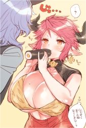 Rule 34 | 1boy, 1girl, ?, animal ears, bare arms, blue hair, bra, breasts, brown background, brown bra, collarbone, cow ears, cow horns, cross, cross earrings, drang (granblue fantasy), draph, earrings, ehoumaki, eno yukimi, food, food in mouth, granblue fantasy, hands up, holding, holding food, horns, huge breasts, jewelry, long hair, long sleeves, looking at another, makizushi, mouth hold, orange eyes, pink hair, pointy ears, shiny skin, short hair, sidelocks, simple background, sketch, spoken question mark, sturm (granblue fantasy), sushi, sweat, thought bubble, translation request, underwear, upper body, v-shaped eyebrows, v-shaped eyes